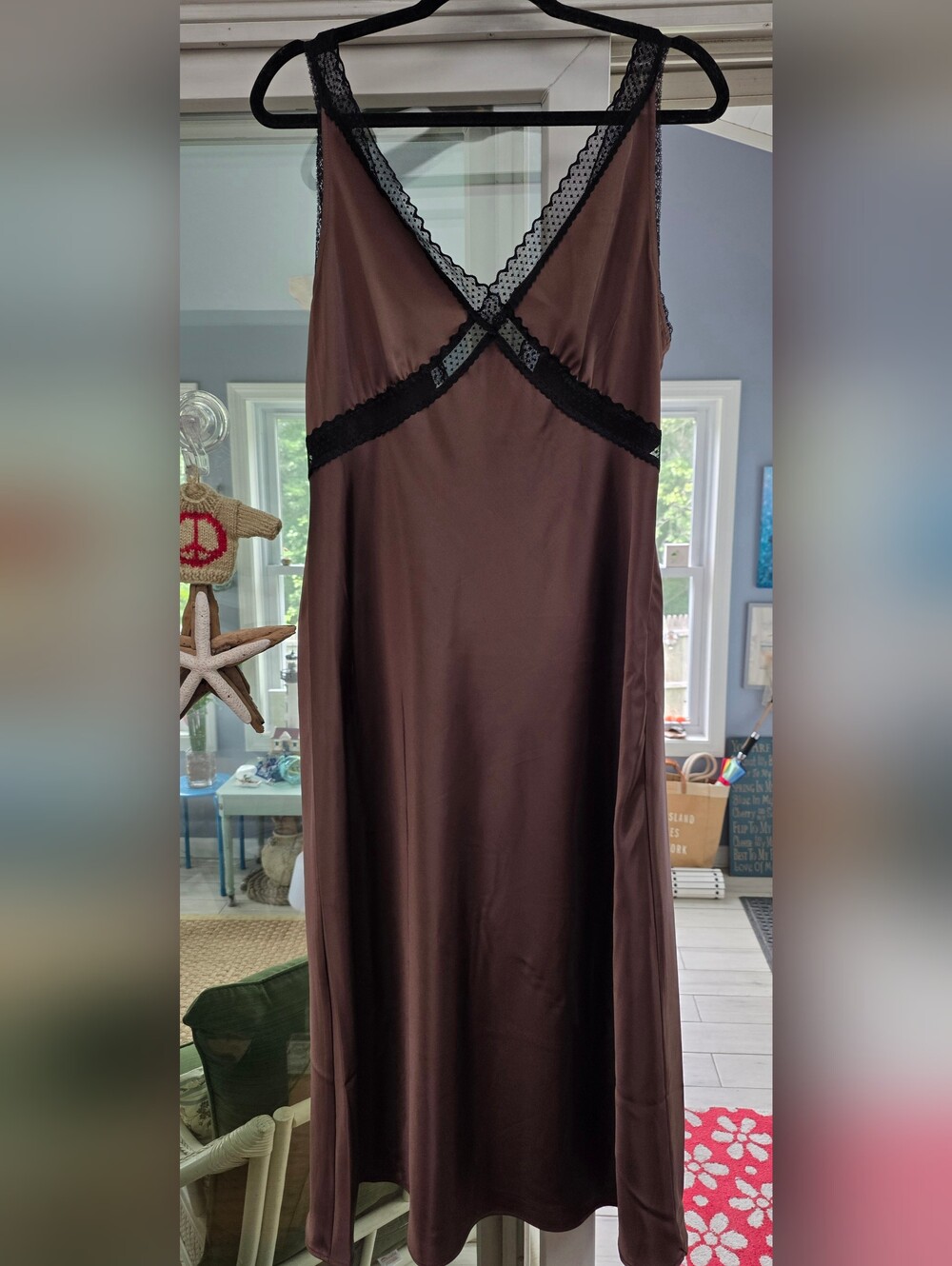 House of Harlow 1960 Brown Satin Slip with Black Lace Trim